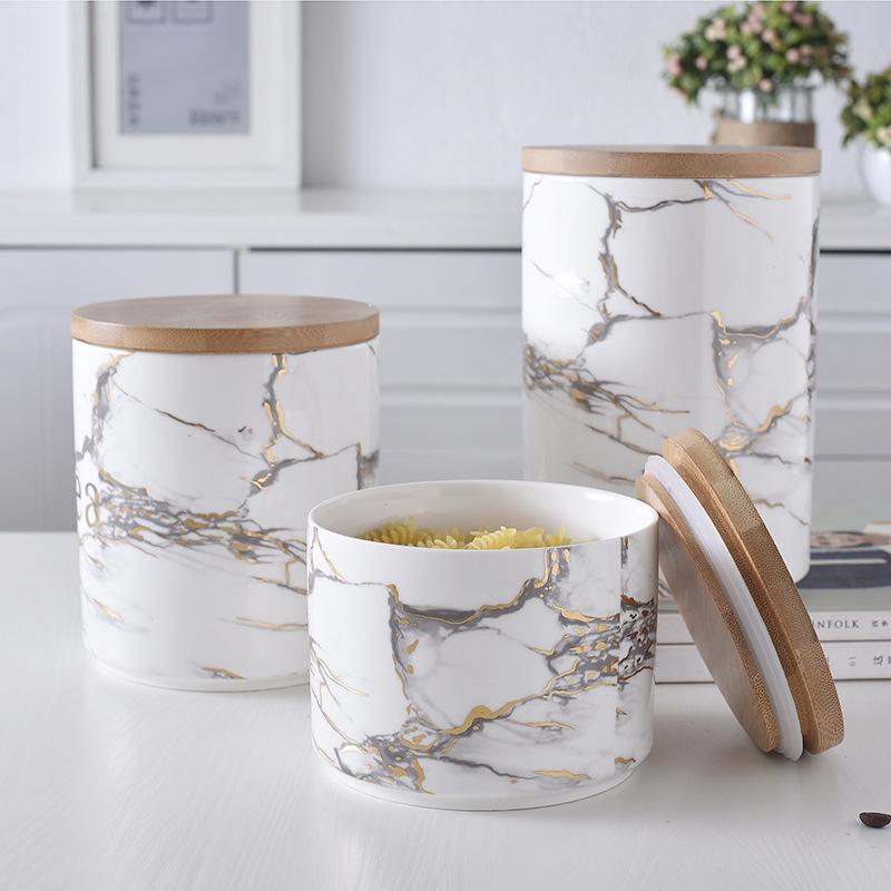 Marbled Ceramic Wooden lid airtight jar