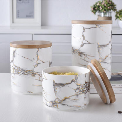 Marbled Ceramic Wooden lid airtight jar